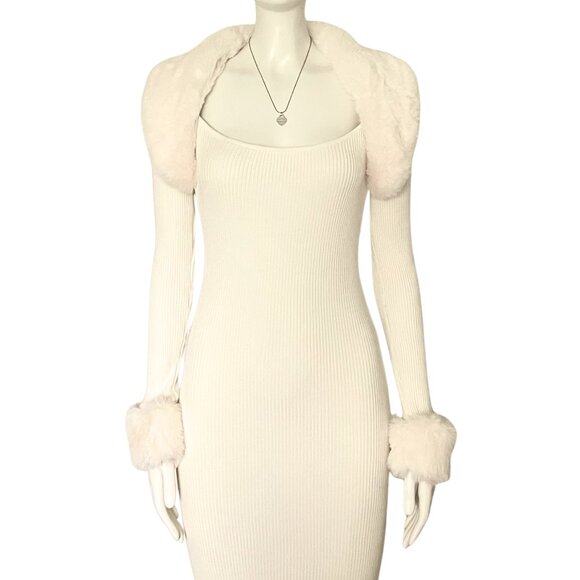 Vintage Y2K Cream Sweater Dress Faux Fur Trim Midi Bodycon S/M Off White McBling - Picture 7 of 13